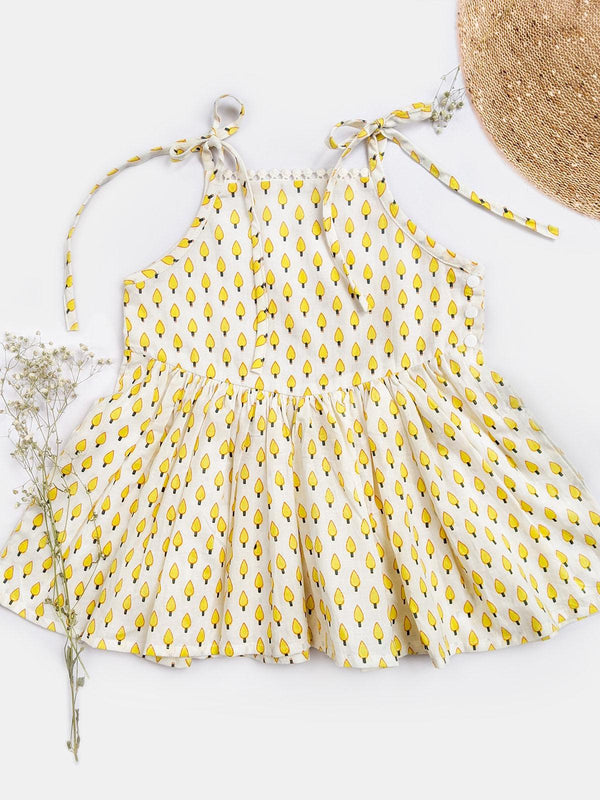 Girl's Lemon Yellow Mini Kids Frock With Strings - HALEMONS - Indiakreations