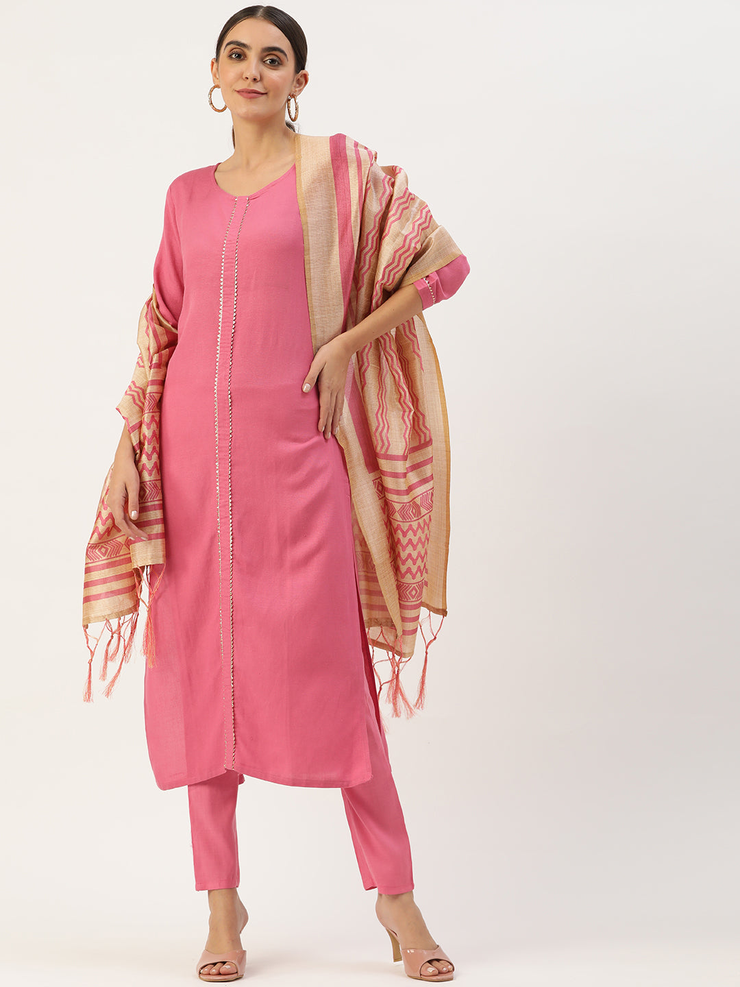 Women's Pink Color Rayon Blend Straight Printed Kurta Pant Set With Dupatta  - Vaaba