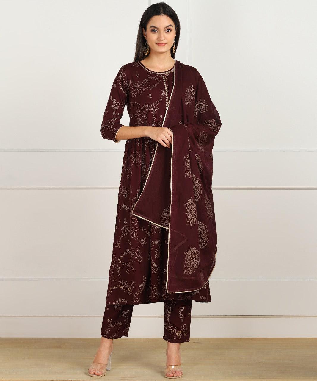 Women's Kurta And Pant Set Cotton Poly Silk 3Pc - Noz2Toz - Indiakreations