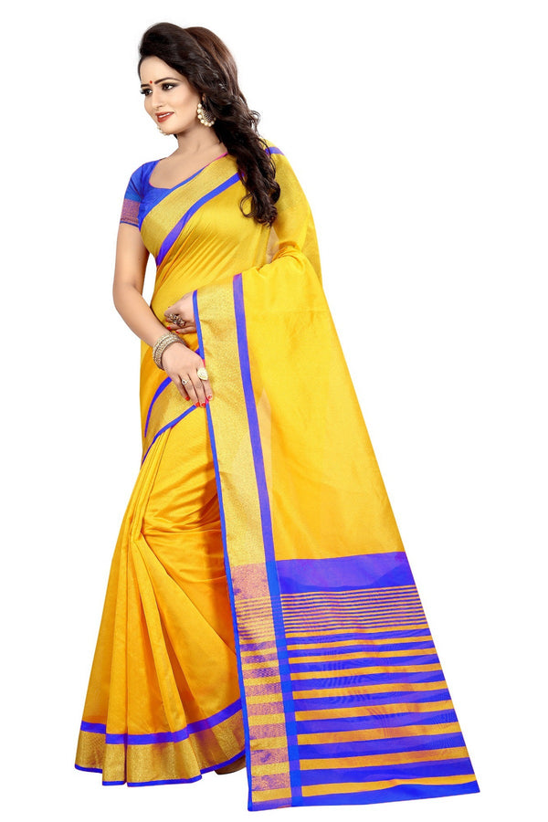 Women's Vamika Yellow Cotton Silk Weaving Saree - Vamika