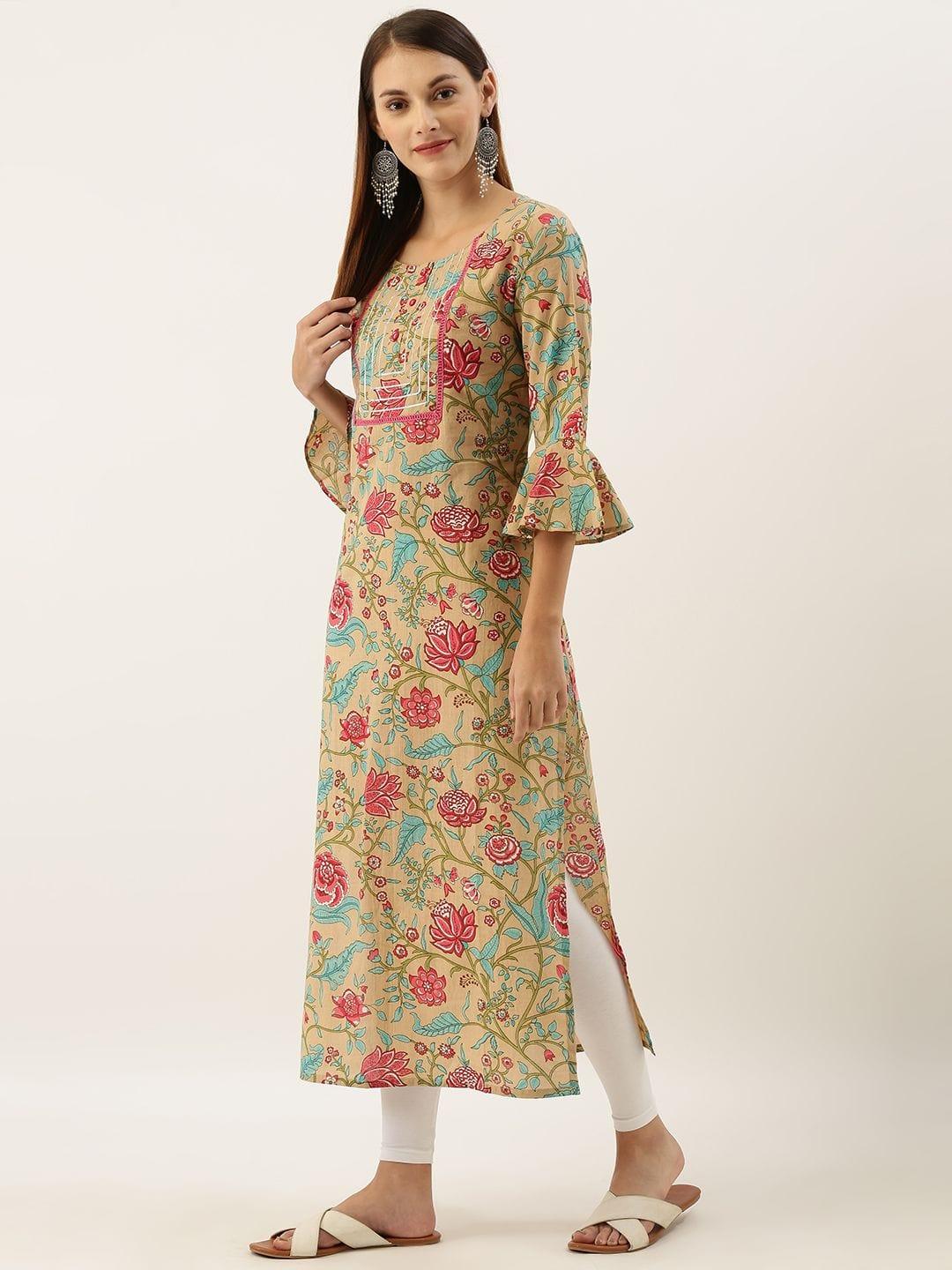 Beige & Pink Floral Printed Straight Kurta With Gotta Patti & Lace Detailing - Indiakreations