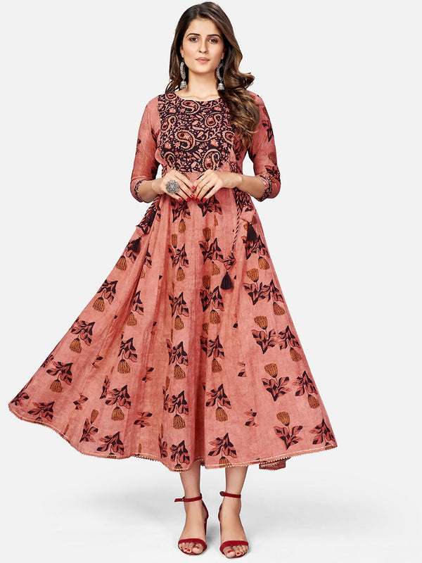 Women's Printed & Hand Work Anarkali Cotton Brown Kurta (1Pc) - Vbuyz