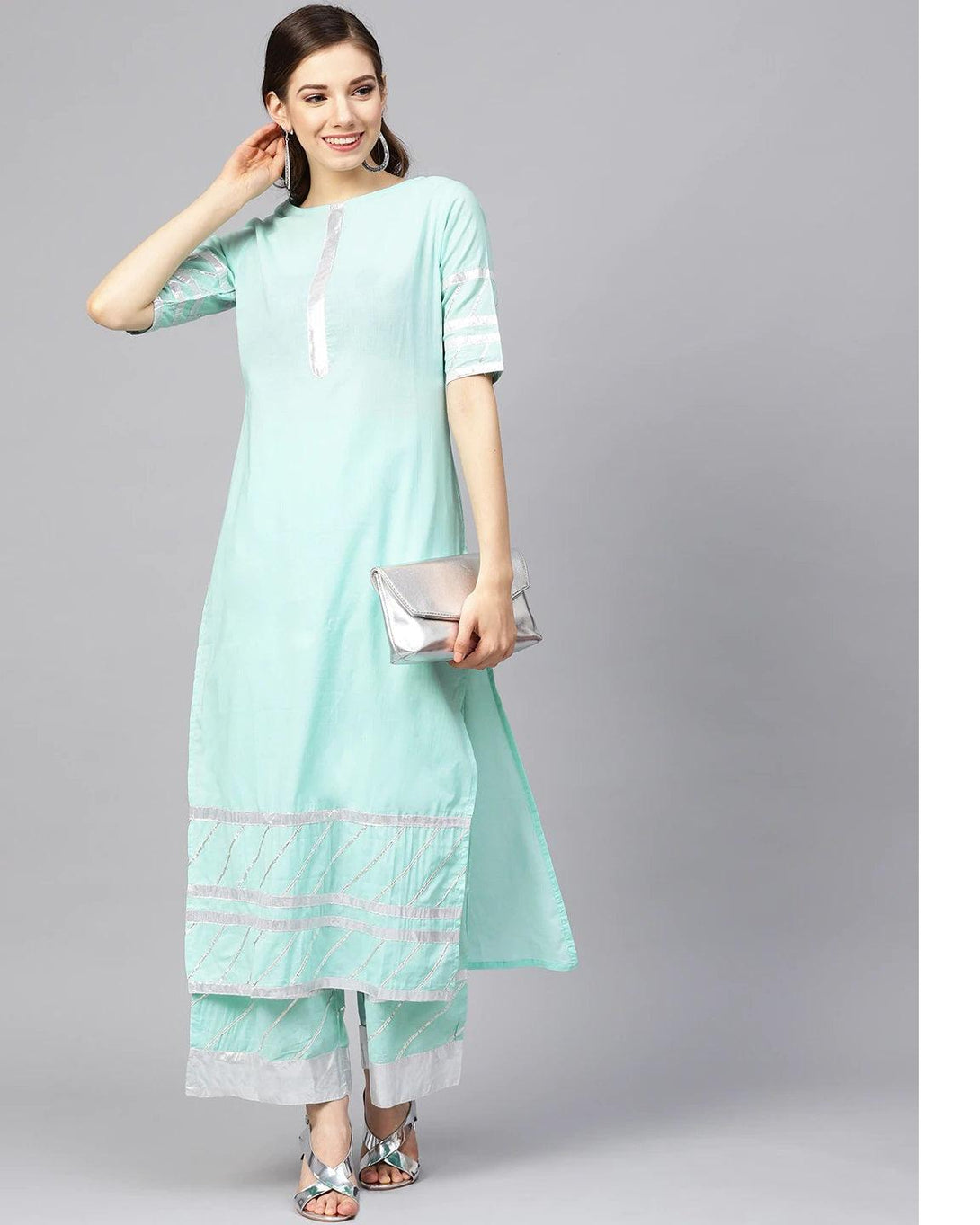 Women's Blue Solid Kurta with Palazzos - Meeranshi - Indiakreations