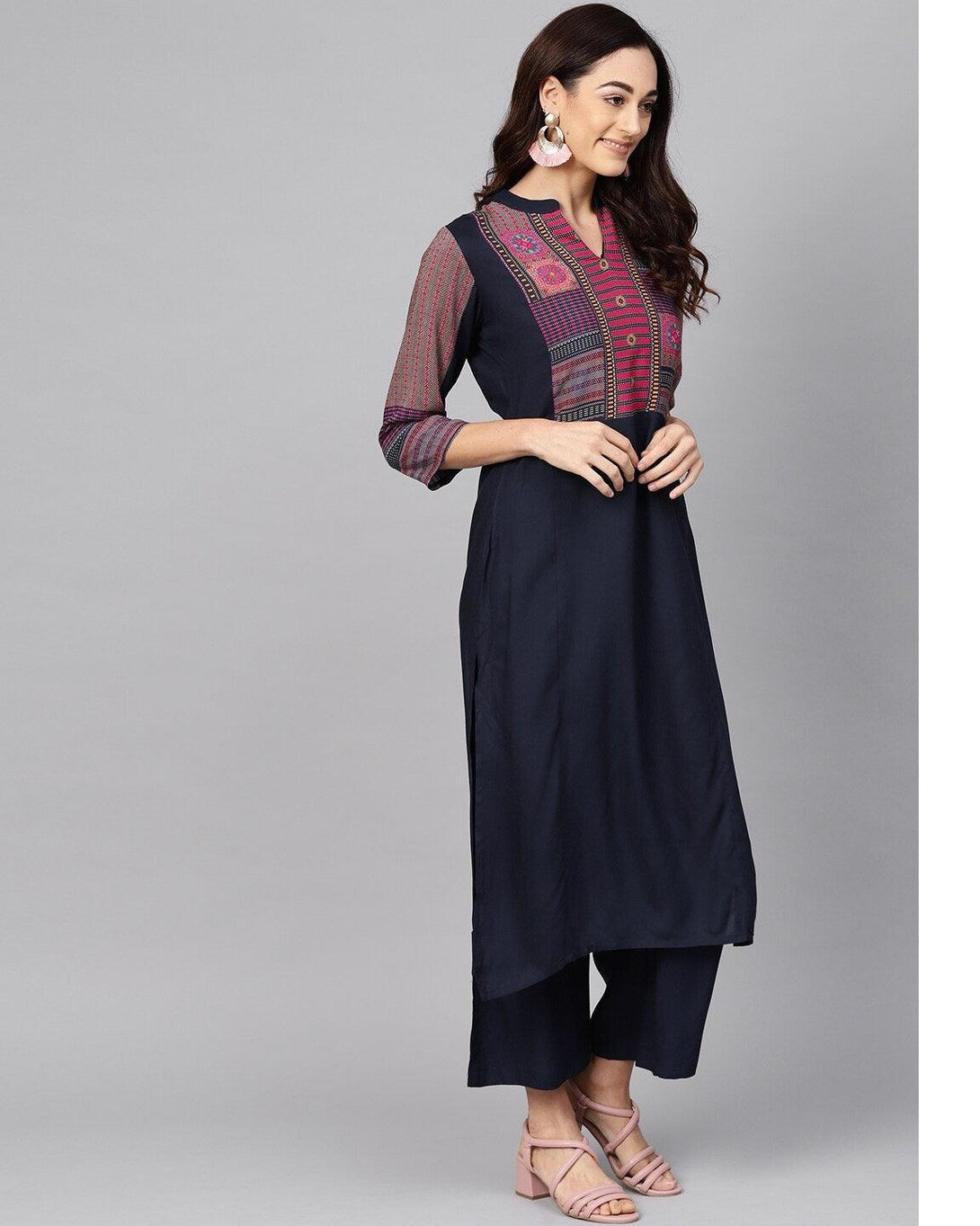 Women's NavyBlue Yoke Design Kurta with Palazzos - Meeranshi - Indiakreations