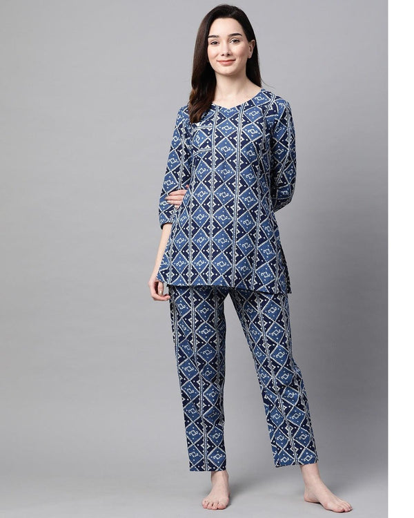 Women's Indigo Blue & White Printed Night Suit - Meeranshi - Indiakreations