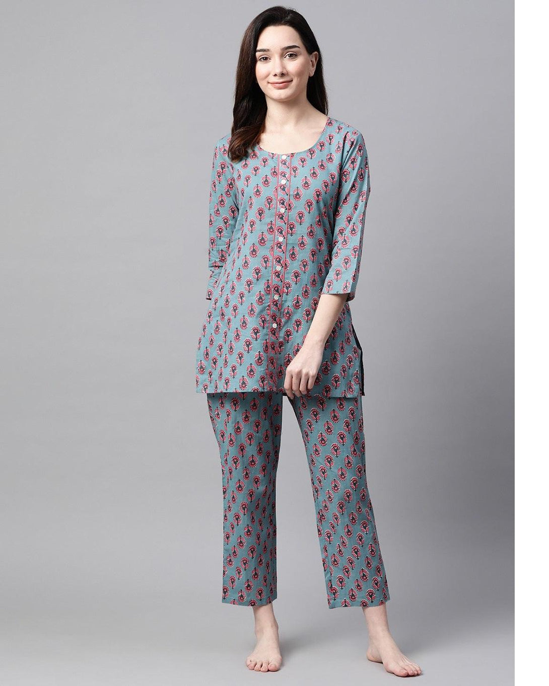 Women's Grey and pink Floral Printed Night Suit - Meeranshi - Indiakreations