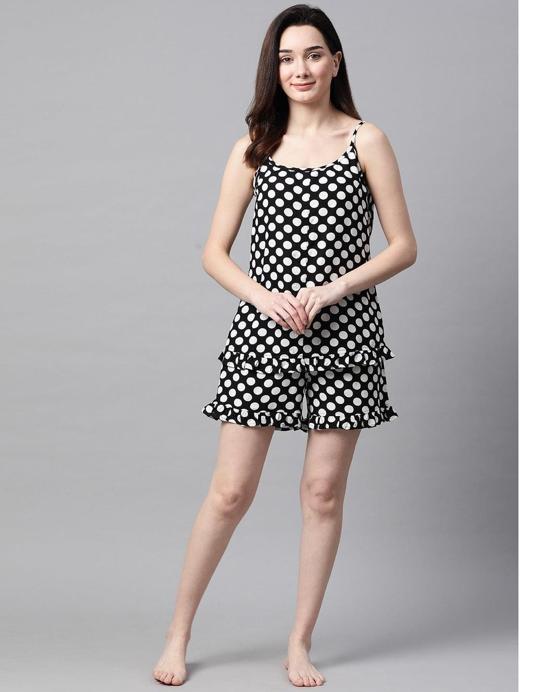 Women's Black and white polka dot Printed Night suit - Meeranshi - Indiakreations