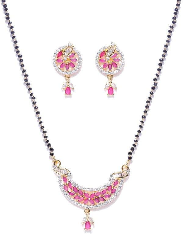 Women's Graceful Leaf Shaped Pink And White American Diamond Mangalsutra Set For Women - Priyaasi