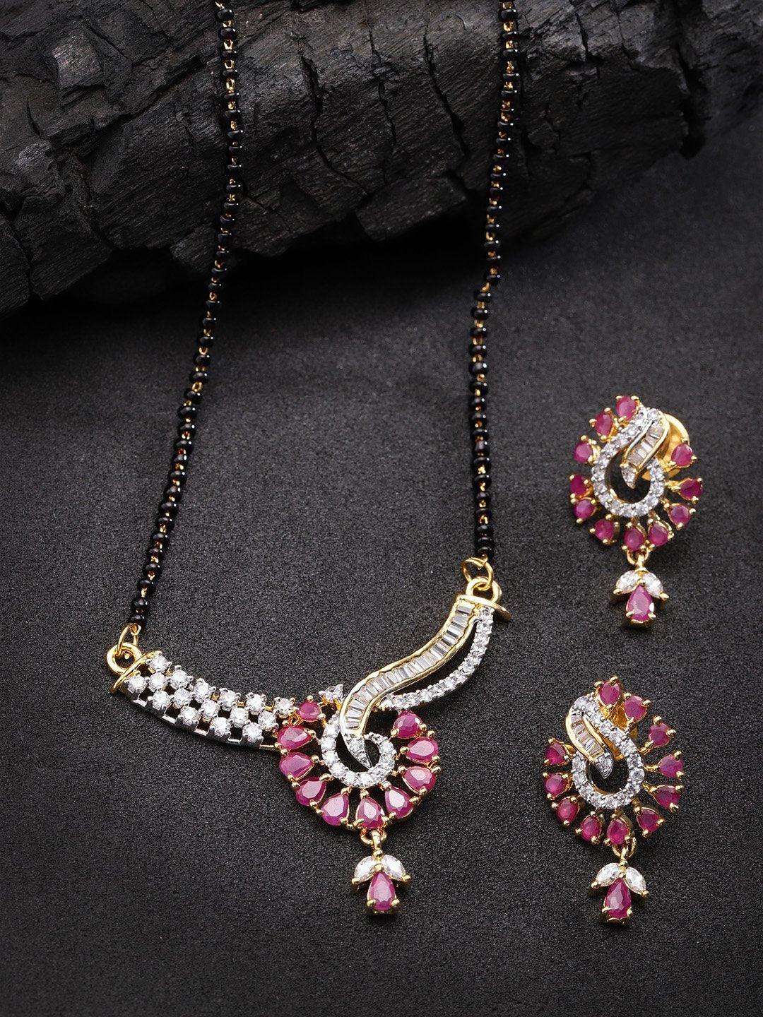 Women's Gold Plated Pink And White Stone Studded Floral Mangalsutra For Women - Priyaasi - Indiakreations