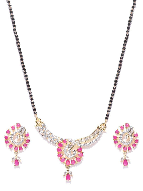 Women's Gold Plated Pink And White Stone Studded Floral Mangalsutra For Women - Priyaasi - Indiakreations