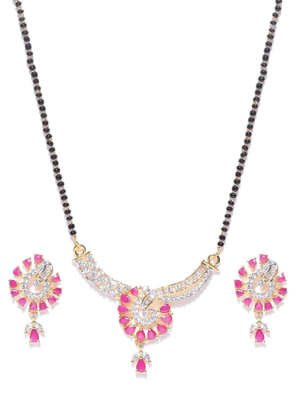 Women's Gold Plated Pink And White Stone Studded Floral Mangalsutra For Women - Priyaasi