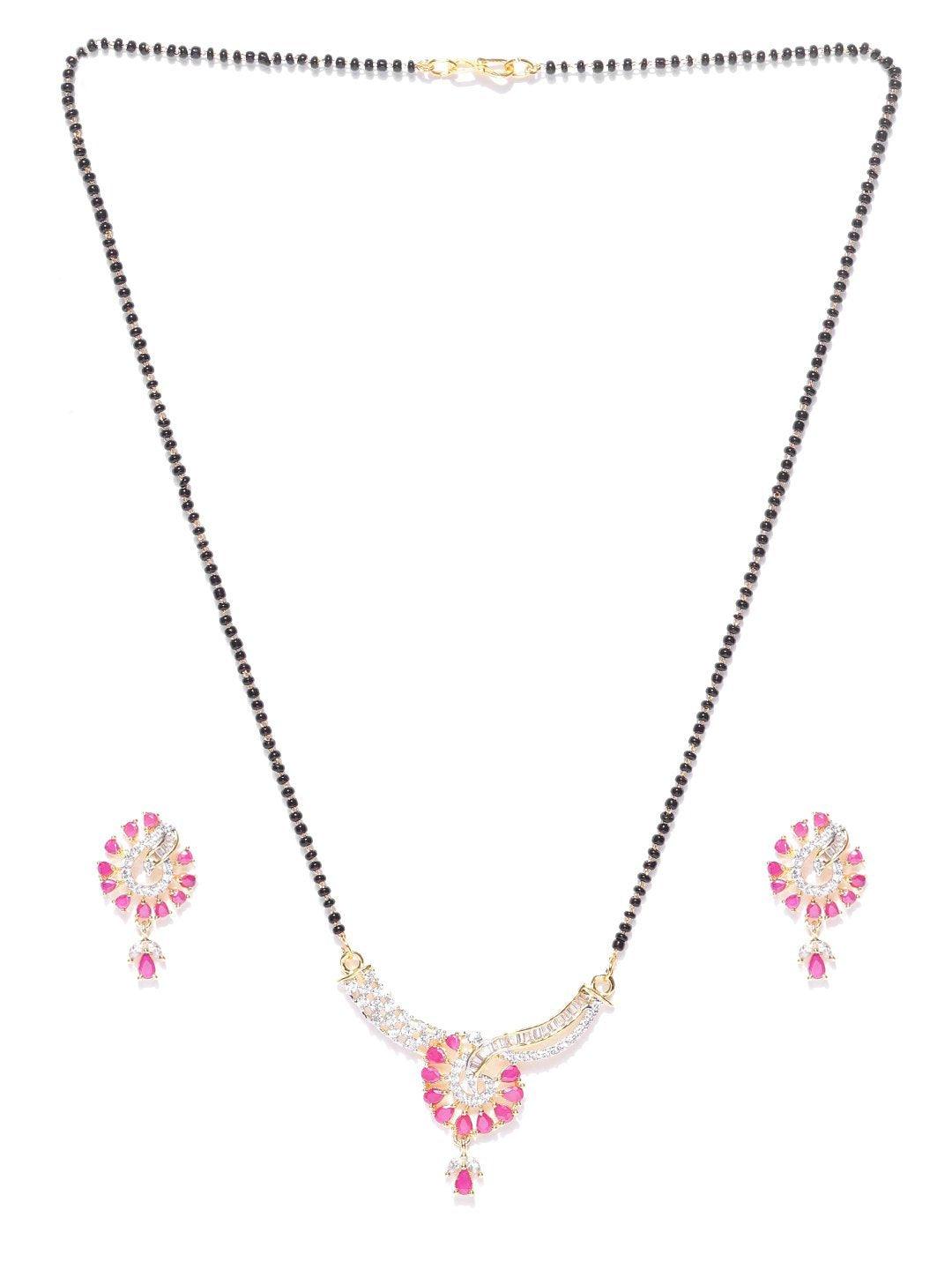 Women's Gold Plated Pink And White Stone Studded Floral Mangalsutra For Women - Priyaasi - Indiakreations