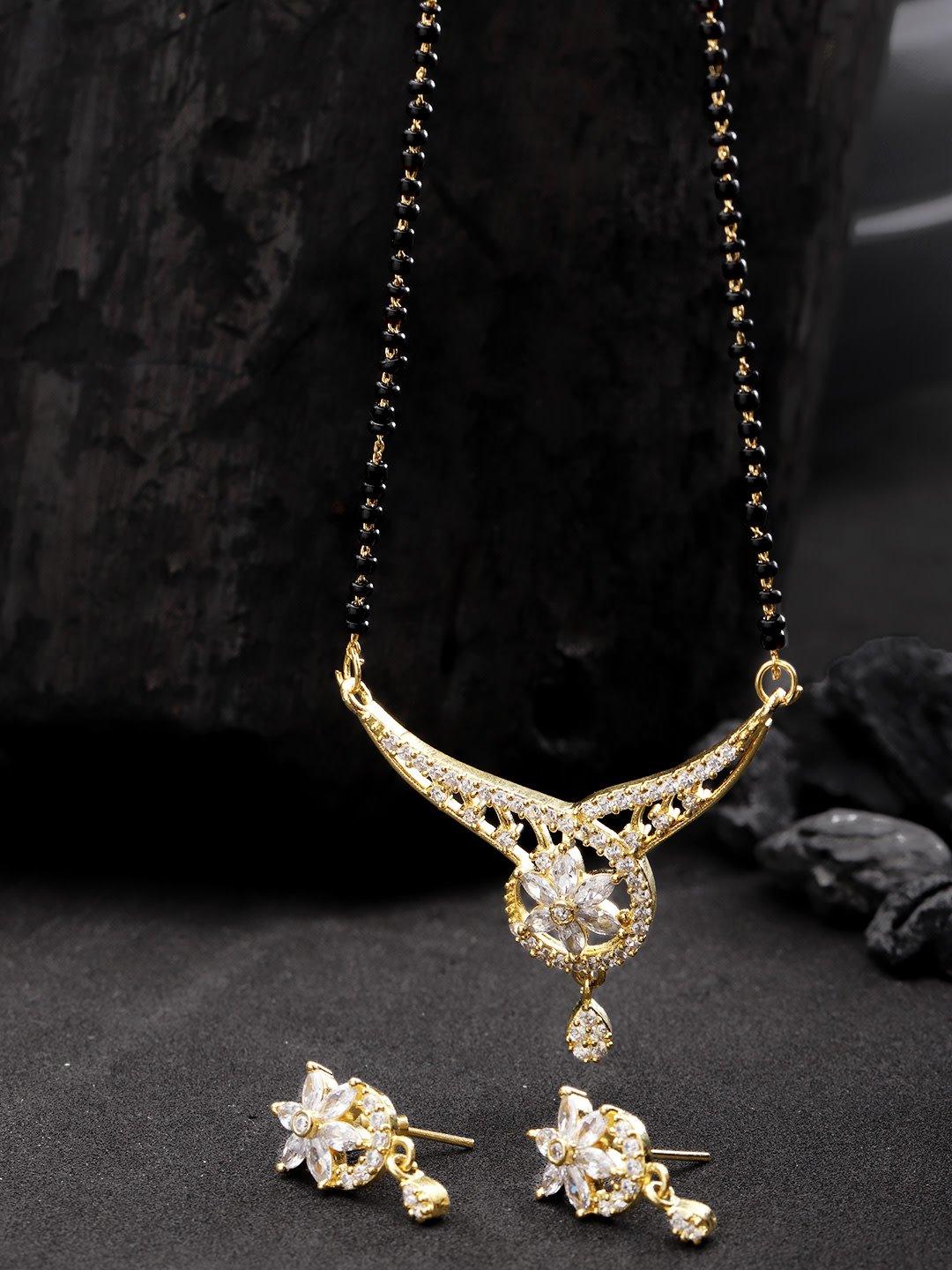 Women's Desiner Floral Shaped Gold Plated American Diamond Mangalsutra Set For Women - Priyaasi - Indiakreations