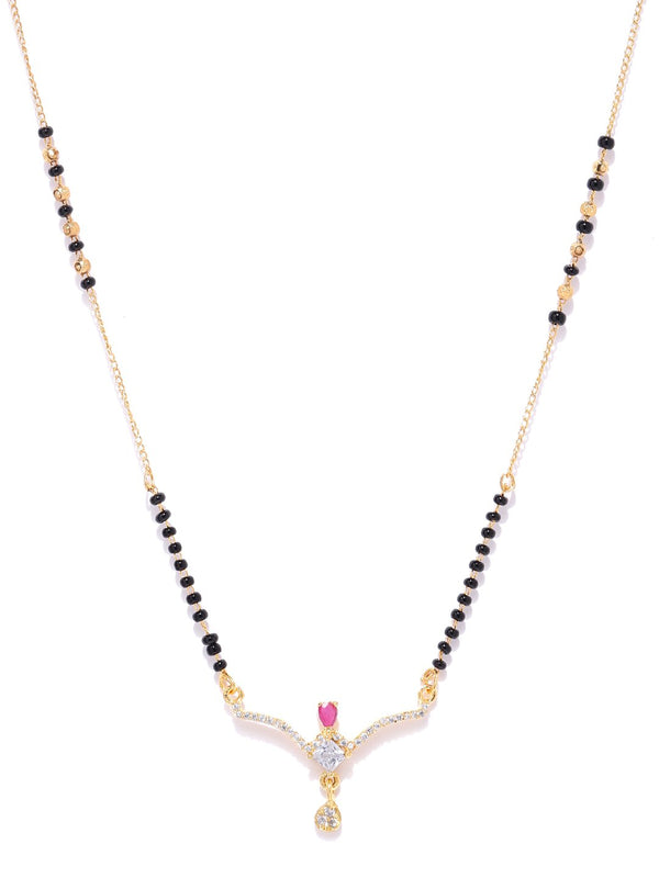 Women's Gold-Plated AD, American Diamond Studded Black Beaded Chain Mangalsutra - Priyaasi