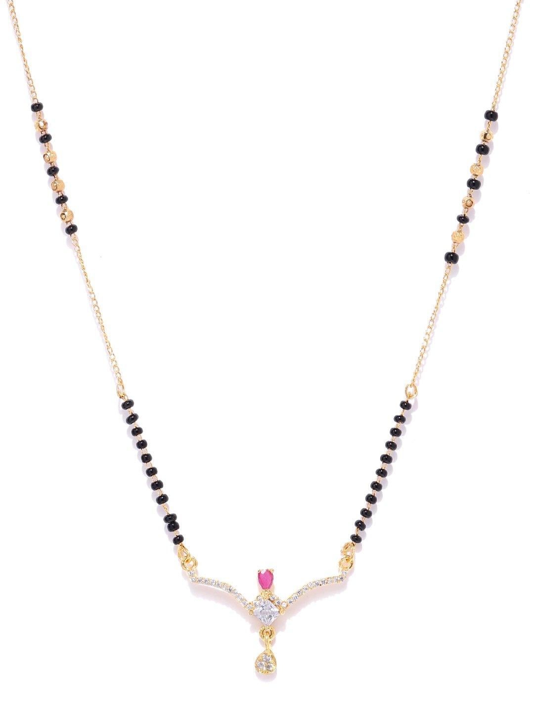 Women's Gold-Plated AD, American Diamond Studded Black Beaded Chain Mangalsutra - Priyaasi - Indiakreations