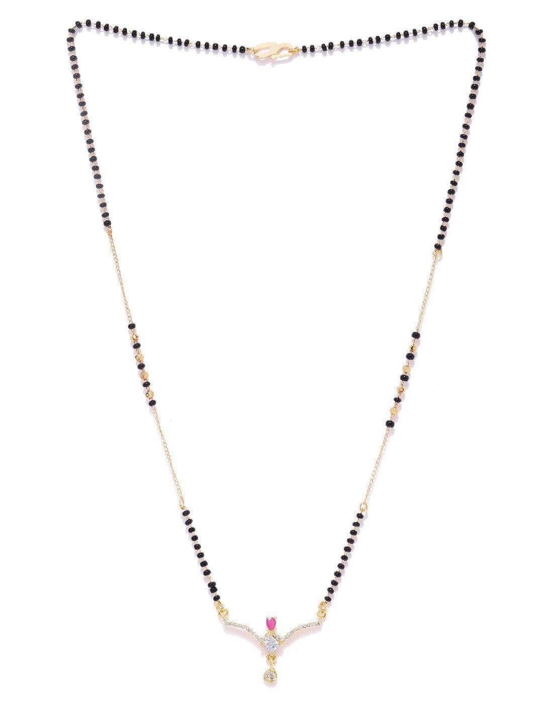 Women's Gold-Plated AD, American Diamond Studded Black Beaded Chain Mangalsutra - Priyaasi - Indiakreations