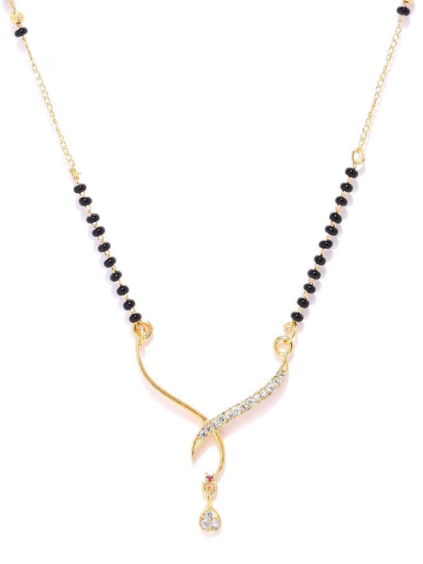 Women's Gold-Plated AD, American Diamond Studded Black Beaded Chain Mangalsutra - Priyaasi - Indiakreations