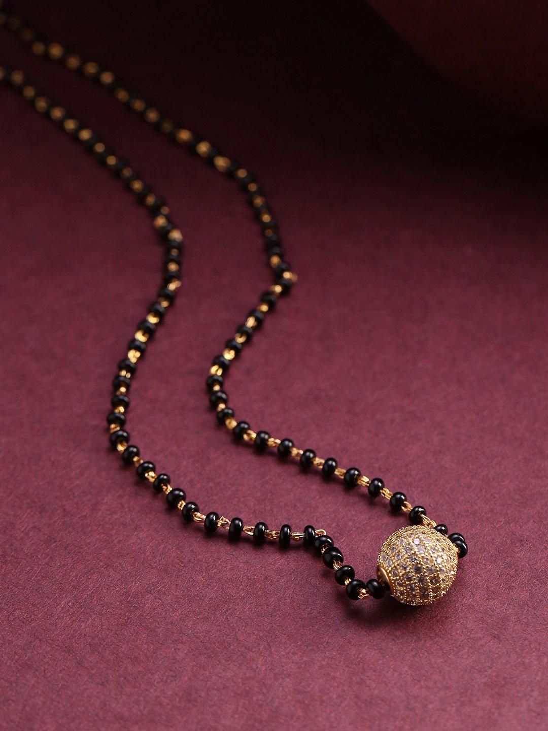 Women's Gold-Plated AD Studded Spherical Pendant Black Beaded Chain Mangalsutra - Priyaasi - Indiakreations