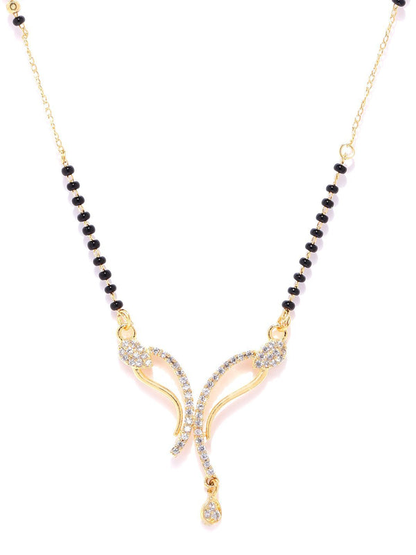 Women's Gold-Plated AD, American Diamond Studded Black Beaded Chain Mangalsutra - Priyaasi