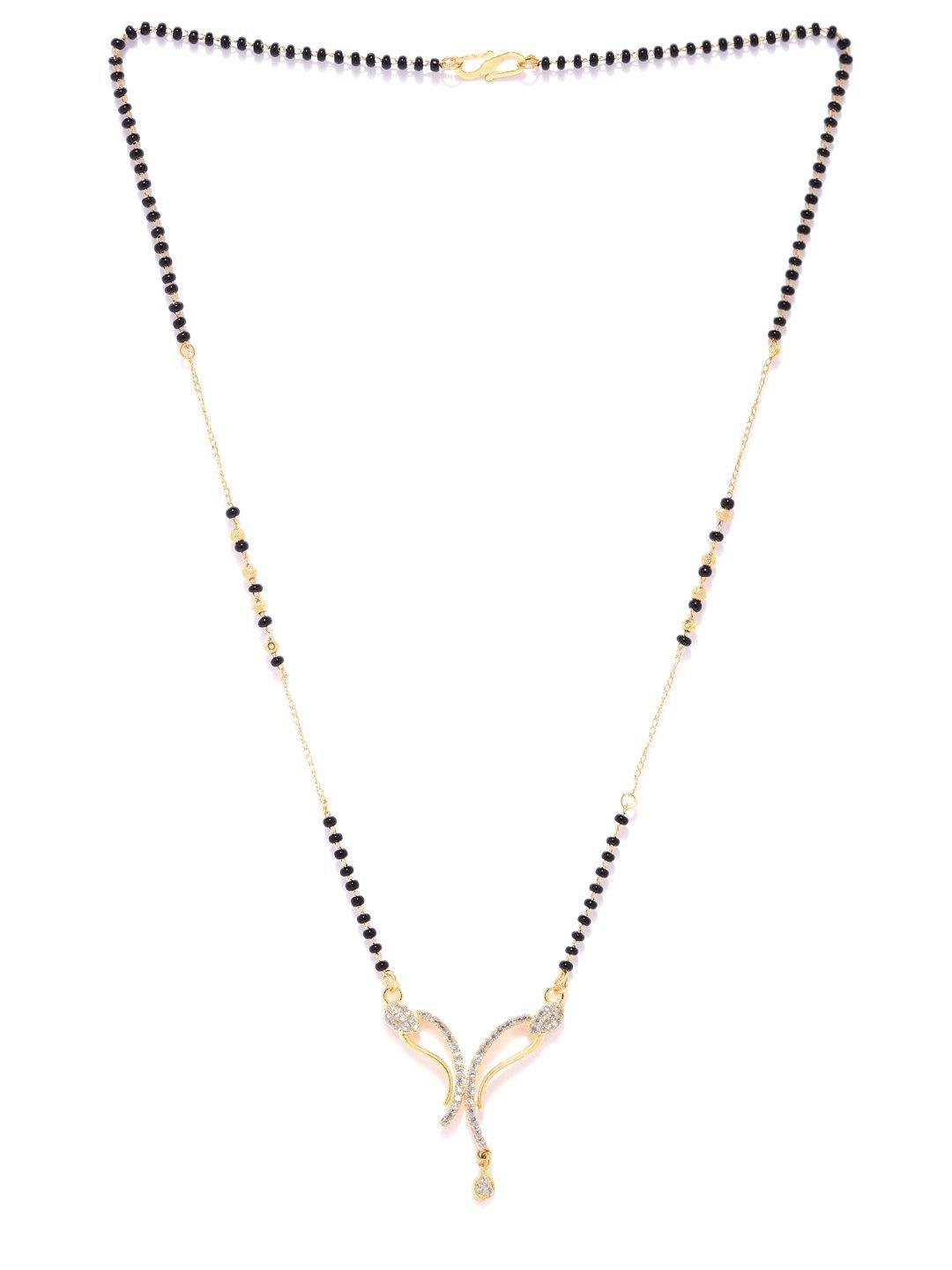 Women's Gold-Plated AD, American Diamond Studded Black Beaded Chain Mangalsutra - Priyaasi - Indiakreations