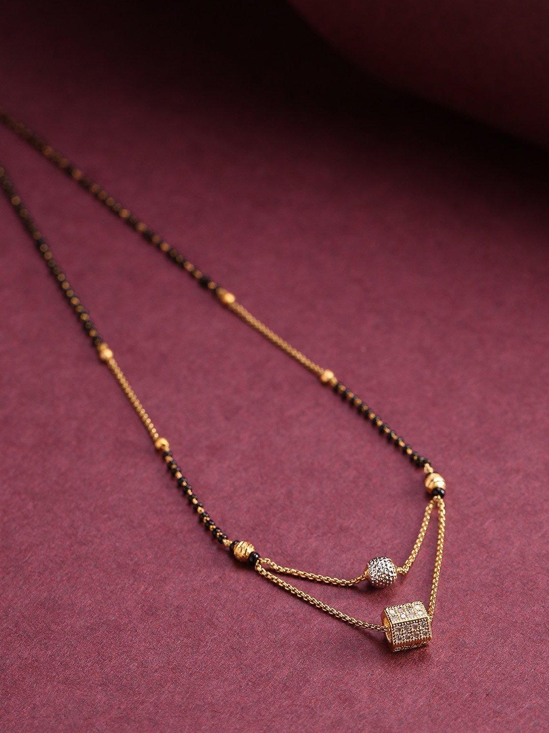 Women's Gold-Plated AD Studded Geometric Pendant Black Beaded Chain Mangalsutra - Priyaasi - Indiakreations