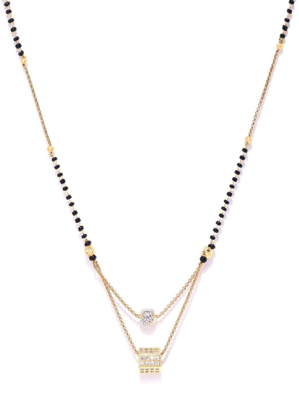 Women's Gold-Plated AD Studded Geometric Pendant Black Beaded Chain Mangalsutra - Priyaasi - Indiakreations