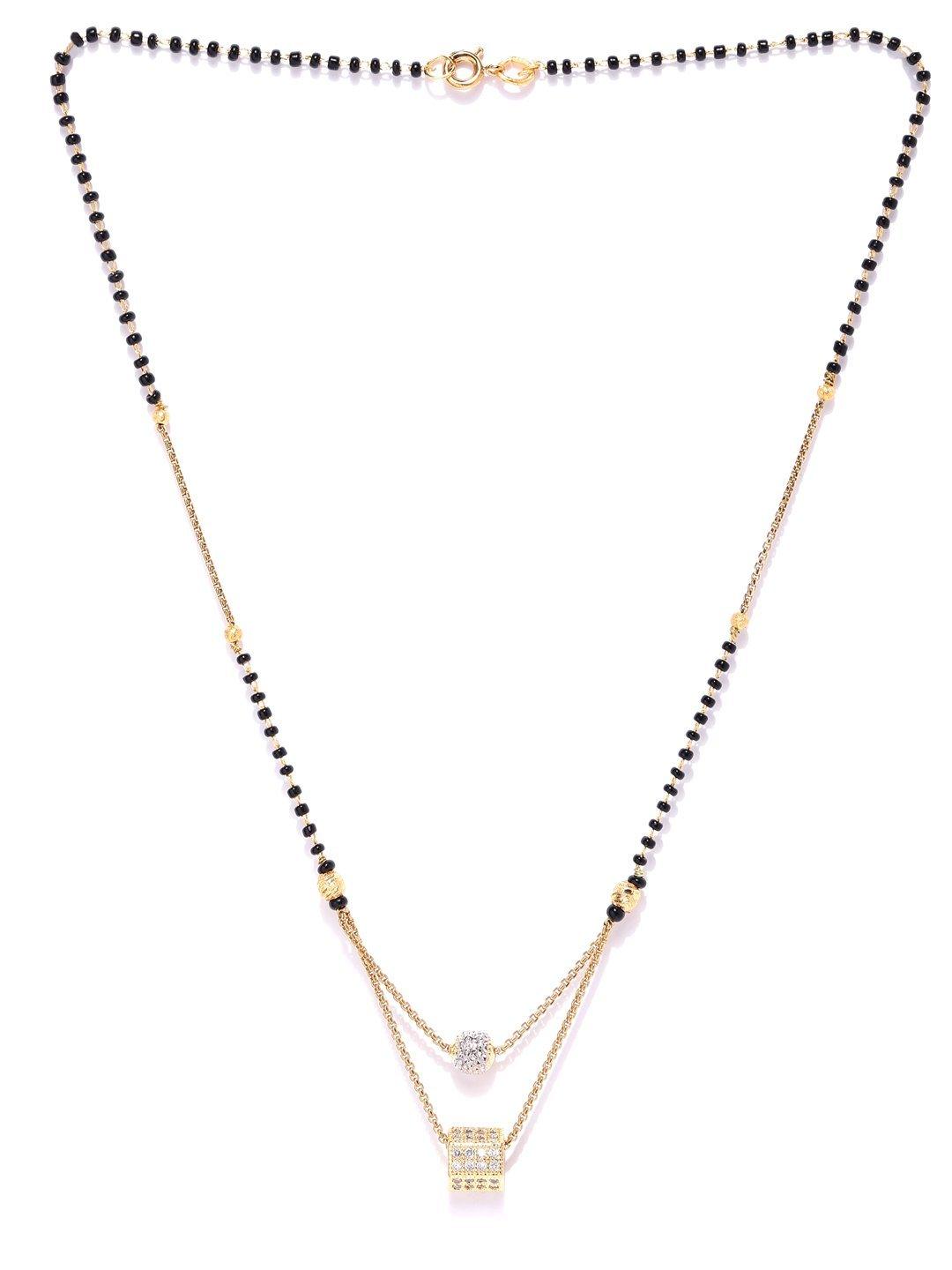 Women's Gold-Plated AD Studded Geometric Pendant Black Beaded Chain Mangalsutra - Priyaasi - Indiakreations