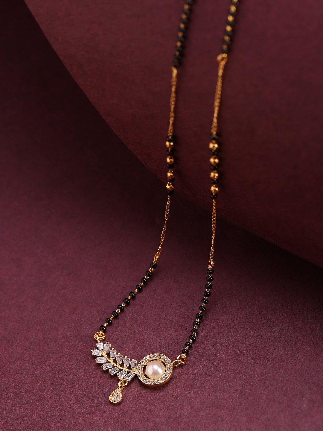 Women's Gold-Plated AD Studded Leaf Designed Pendant Black Beaded Chain Mangalsutra - Priyaasi - Indiakreations