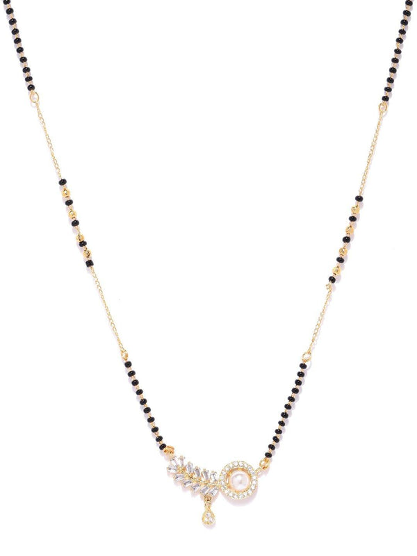 Women's Gold-Plated AD Studded Leaf Designed Pendant Black Beaded Chain Mangalsutra - Priyaasi - Indiakreations