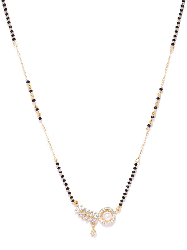 Women's Gold-Plated AD Studded Leaf Designed Pendant Black Beaded Chain Mangalsutra - Priyaasi