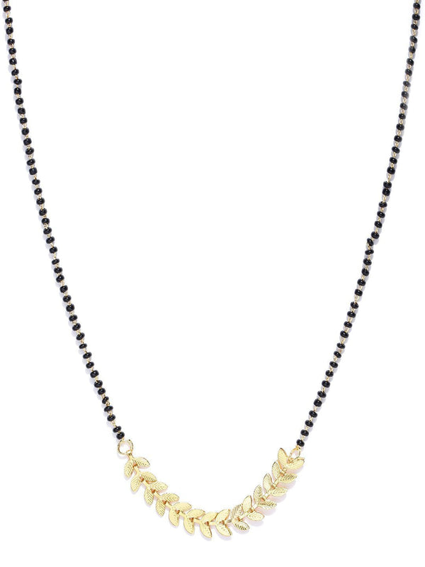 Women's Gold-Plated Leaf Designed Black Beads Chain Mangalsutra - Priyaasi