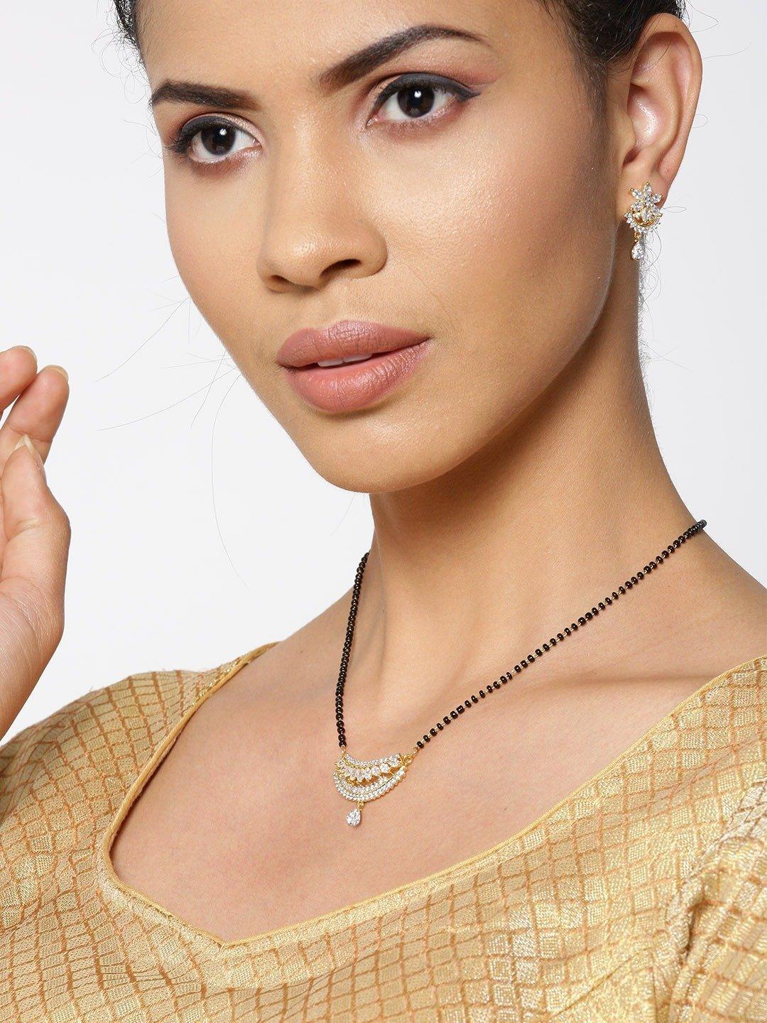 Women's Gold Plated Leaf Pattern American Diamond Studded Mangalsutra Set - Priyaasi - Indiakreations