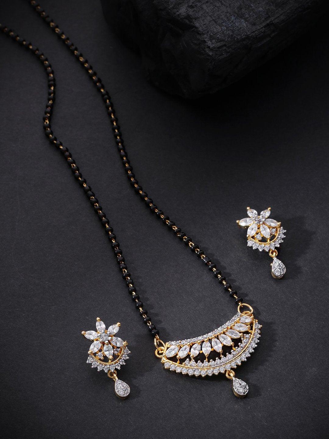 Women's Gold Plated Leaf Pattern American Diamond Studded Mangalsutra Set - Priyaasi - Indiakreations