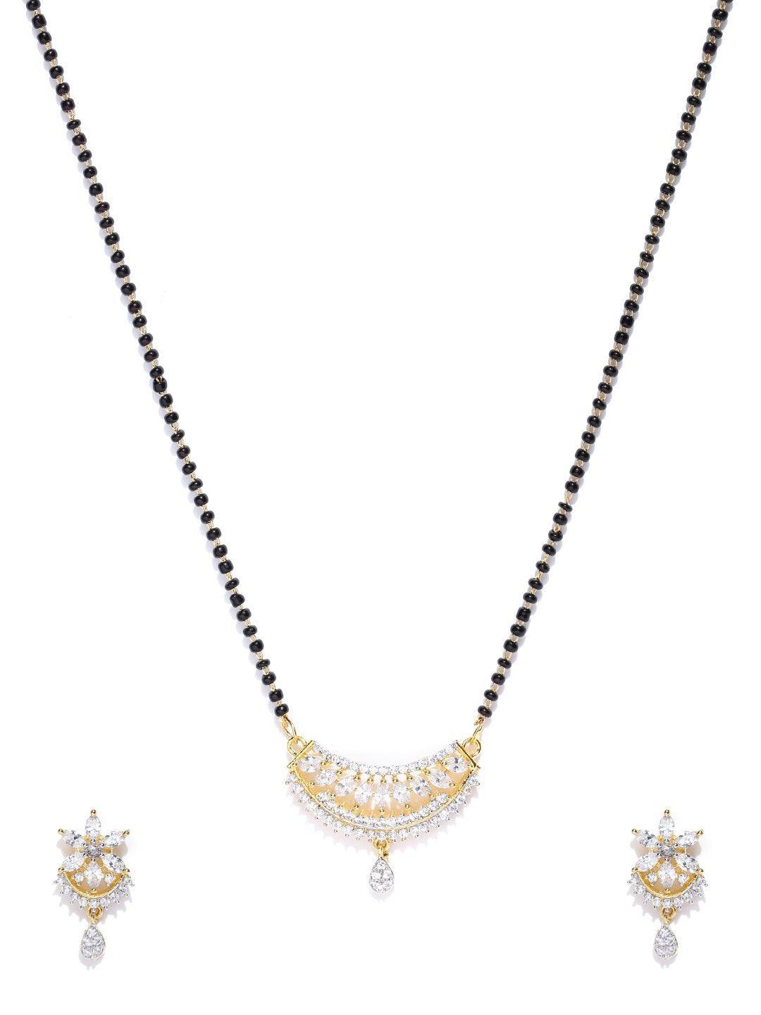 Women's Gold Plated Leaf Pattern American Diamond Studded Mangalsutra Set - Priyaasi - Indiakreations