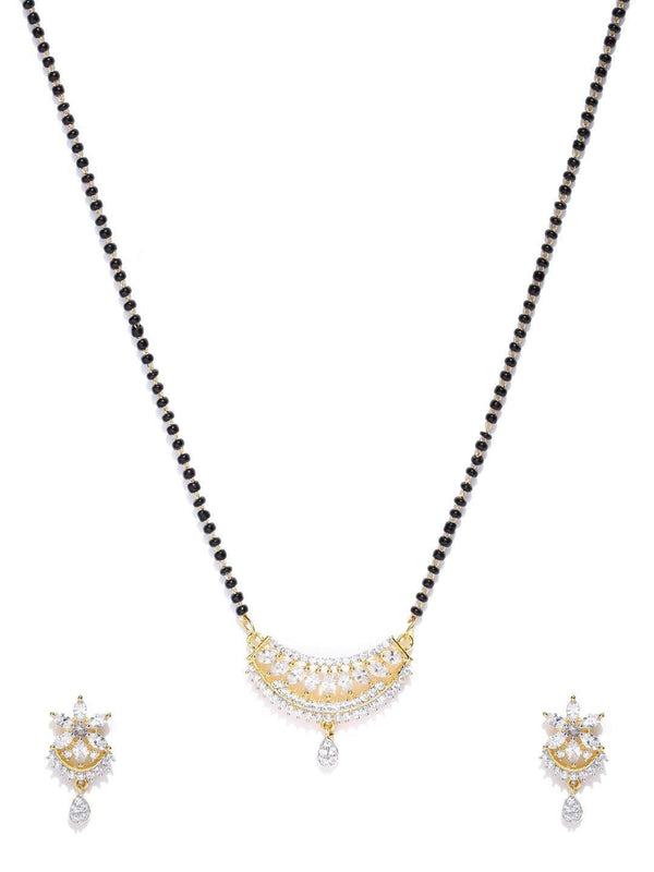 Women's Gold Plated Leaf Pattern American Diamond Studded Mangalsutra Set - Priyaasi - Indiakreations