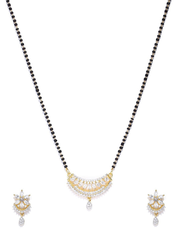 Women's Gold Plated Leaf Pattern American Diamond Studded Mangalsutra Set - Priyaasi