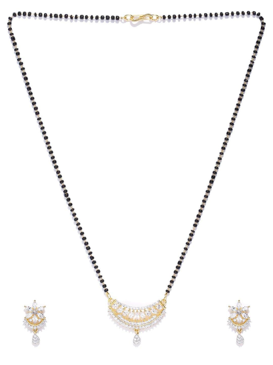 Women's Gold Plated Leaf Pattern American Diamond Studded Mangalsutra Set - Priyaasi - Indiakreations