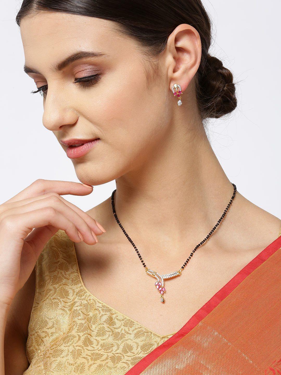 Women's Gold-Plated American Diamond and Ruby Studded Mangalsutra Set with Earrings in Floral Pattern - Priyaasi - Indiakreations