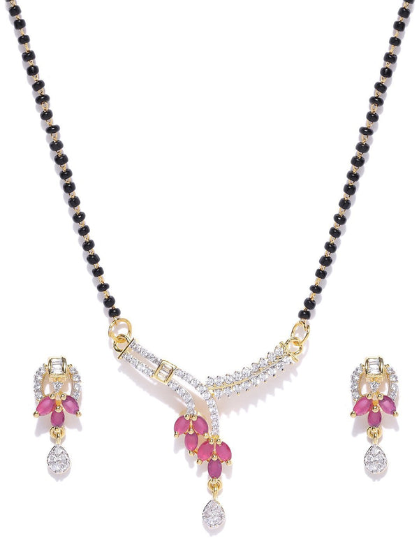 Women's Gold-Plated American Diamond and Ruby Studded Mangalsutra Set with Earrings in Floral Pattern - Priyaasi