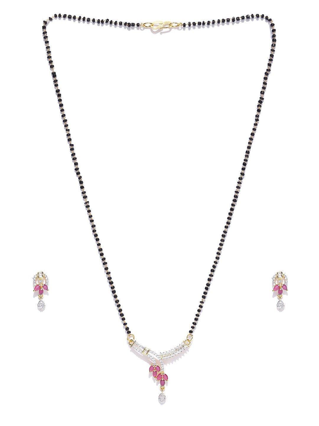 Women's Gold-Plated American Diamond and Ruby Studded Mangalsutra Set with Earrings in Floral Pattern - Priyaasi - Indiakreations