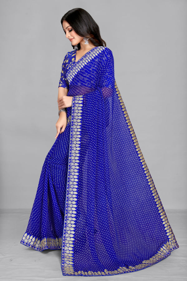 Women's Leheria Printed Blue Georgette Saree - Dwija Fashion