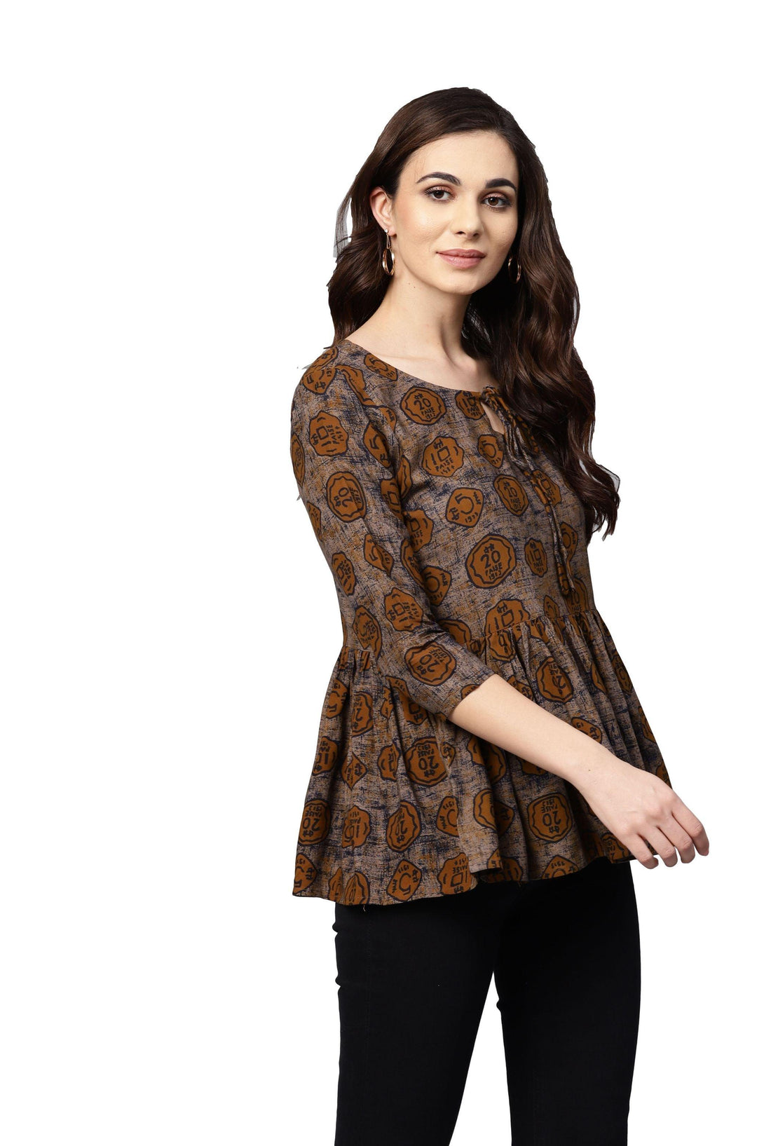 Women Brown Printed Top by Myshka (1 Pc Set) - Indiakreations