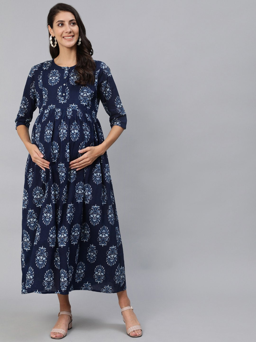 Women Blue Indigo Printed Maternity Dress With Three Quarter Sleeves | NOZ2TOZ - Made In INDIA.