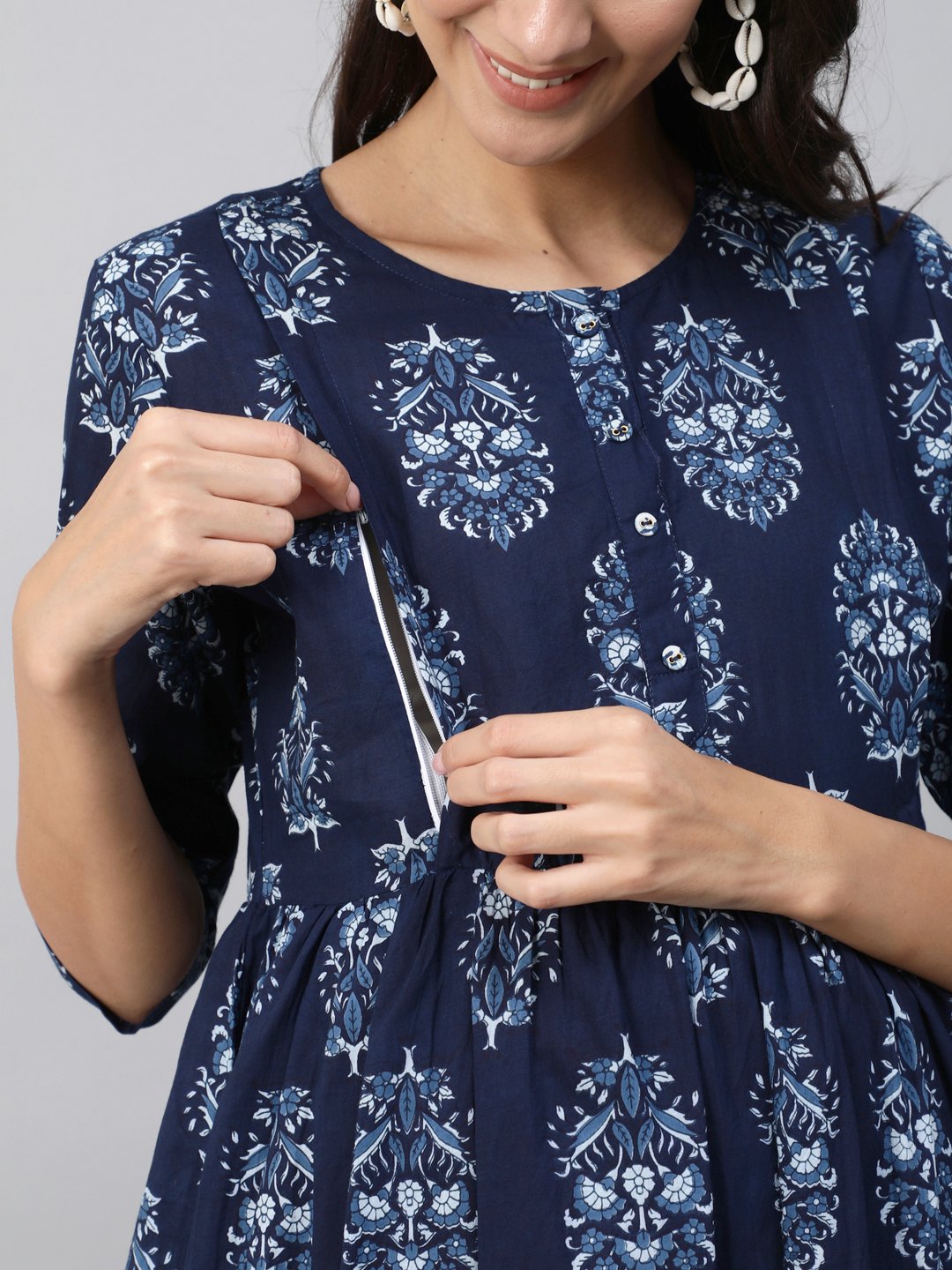 Women Blue Indigo Printed Maternity Dress With Three Quarter Sleeves | NOZ2TOZ - Made In INDIA.