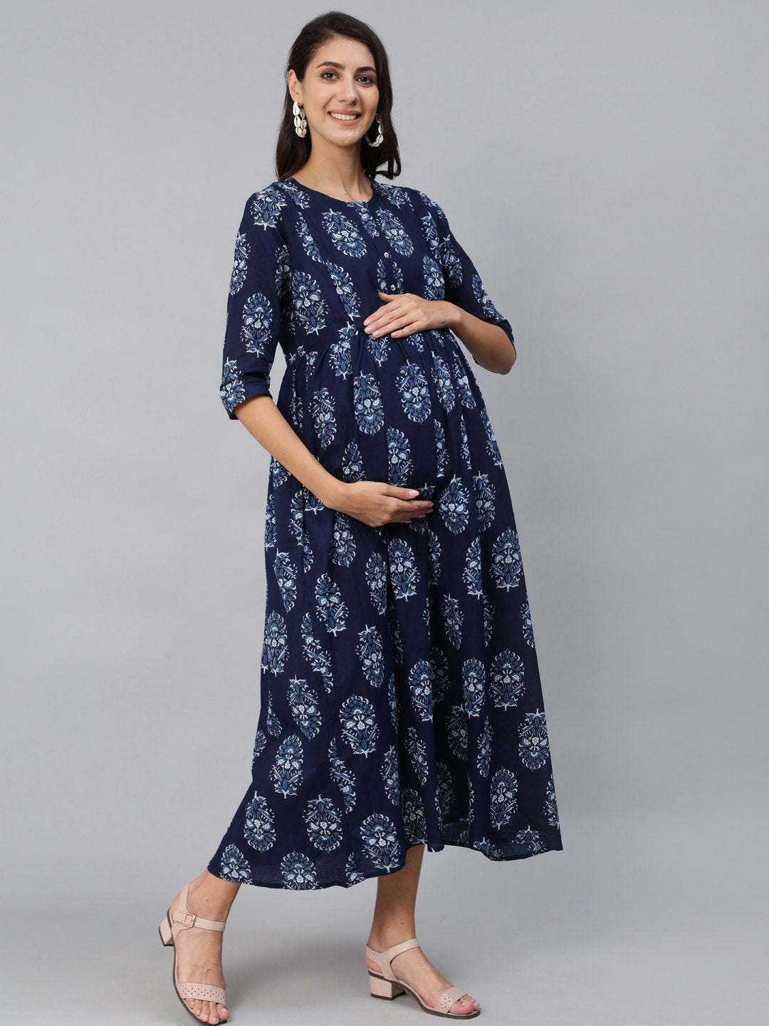 Women Blue Indigo Printed Maternity Dress With Three Quarter Sleeves | NOZ2TOZ - Made In INDIA.