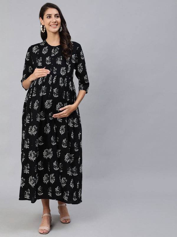 Women Black Printed Maternity Dress With Three Quarter Sleeves | NOZ2TOZ - Made In INDIA.