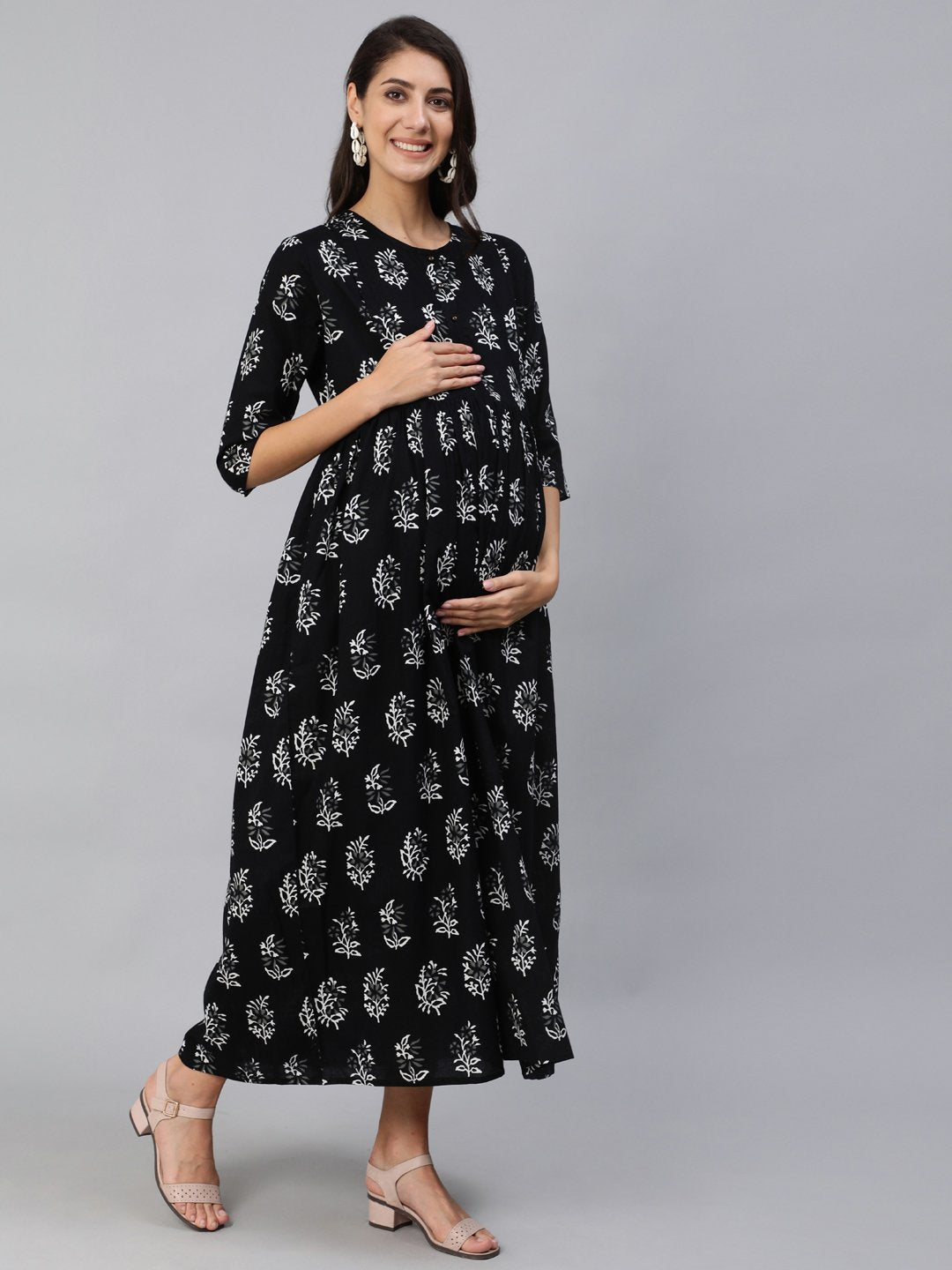 Women Black Printed Maternity Dress With Three Quarter Sleeves | NOZ2TOZ - Made In INDIA.