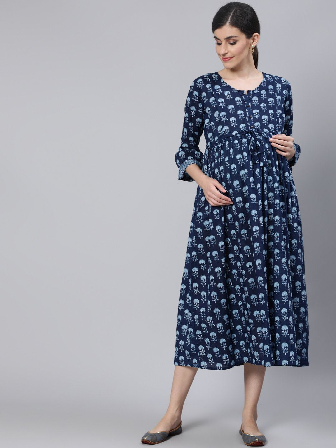 Women Blue Floral Printed Maternity Dress With Three Quarter Sleeves | NOZ2TOZ - Made In INDIA.