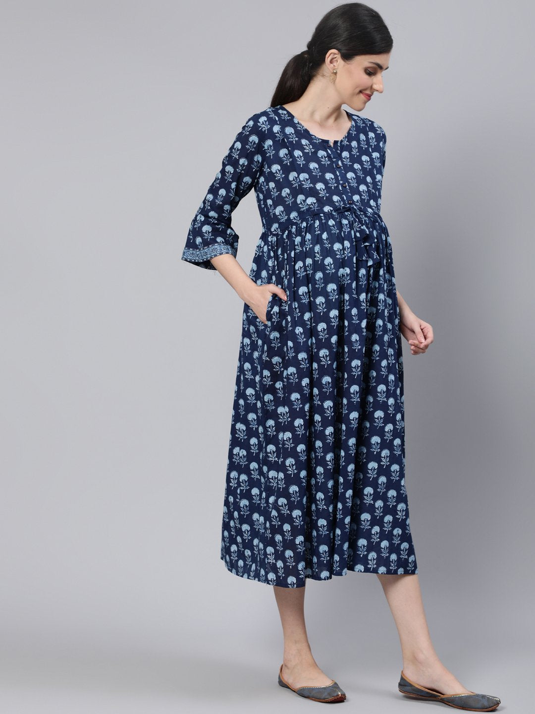 Women Blue Floral Printed Maternity Dress With Three Quarter Sleeves | NOZ2TOZ - Made In INDIA.