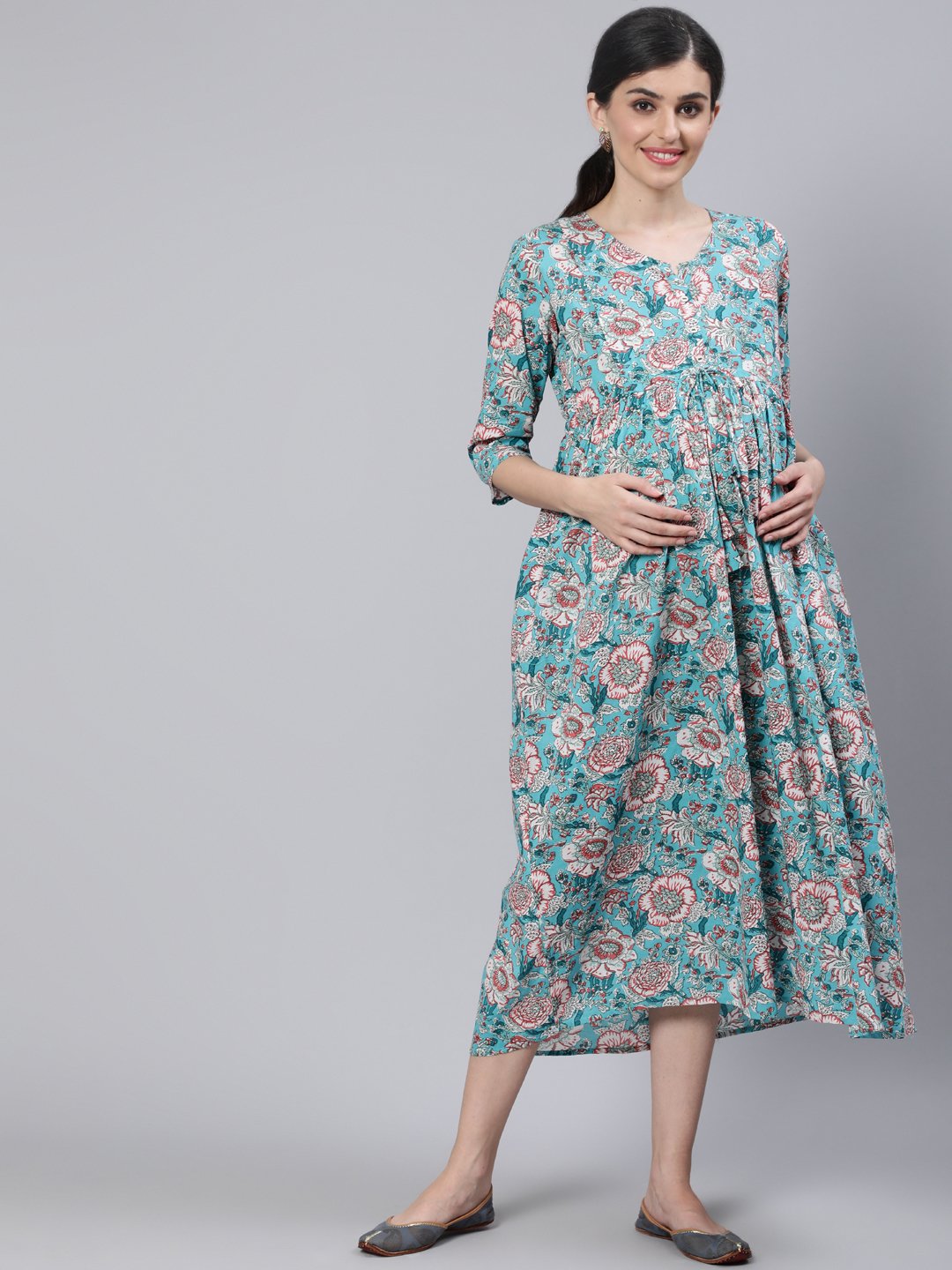 Women Blue Floral Printed Maternity Dress With Three Quarter Sleeves | NOZ2TOZ - Made In INDIA.